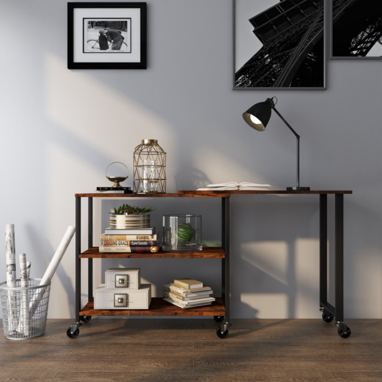 SUGIFT 360¡ã Rotating Sofa Side Table with Storage Shelves and Wheels-Rustic Brown