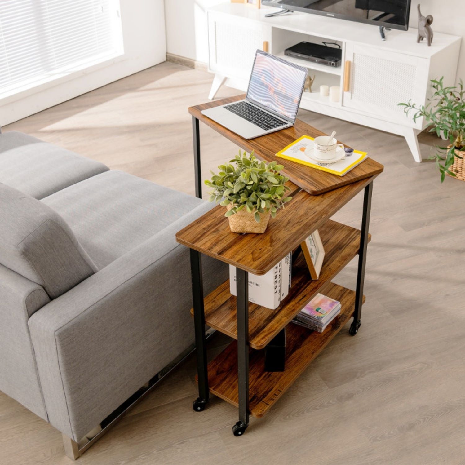 SUGIFT 360¡ã Rotating Sofa Side Table with Storage Shelves and Wheels-Brown