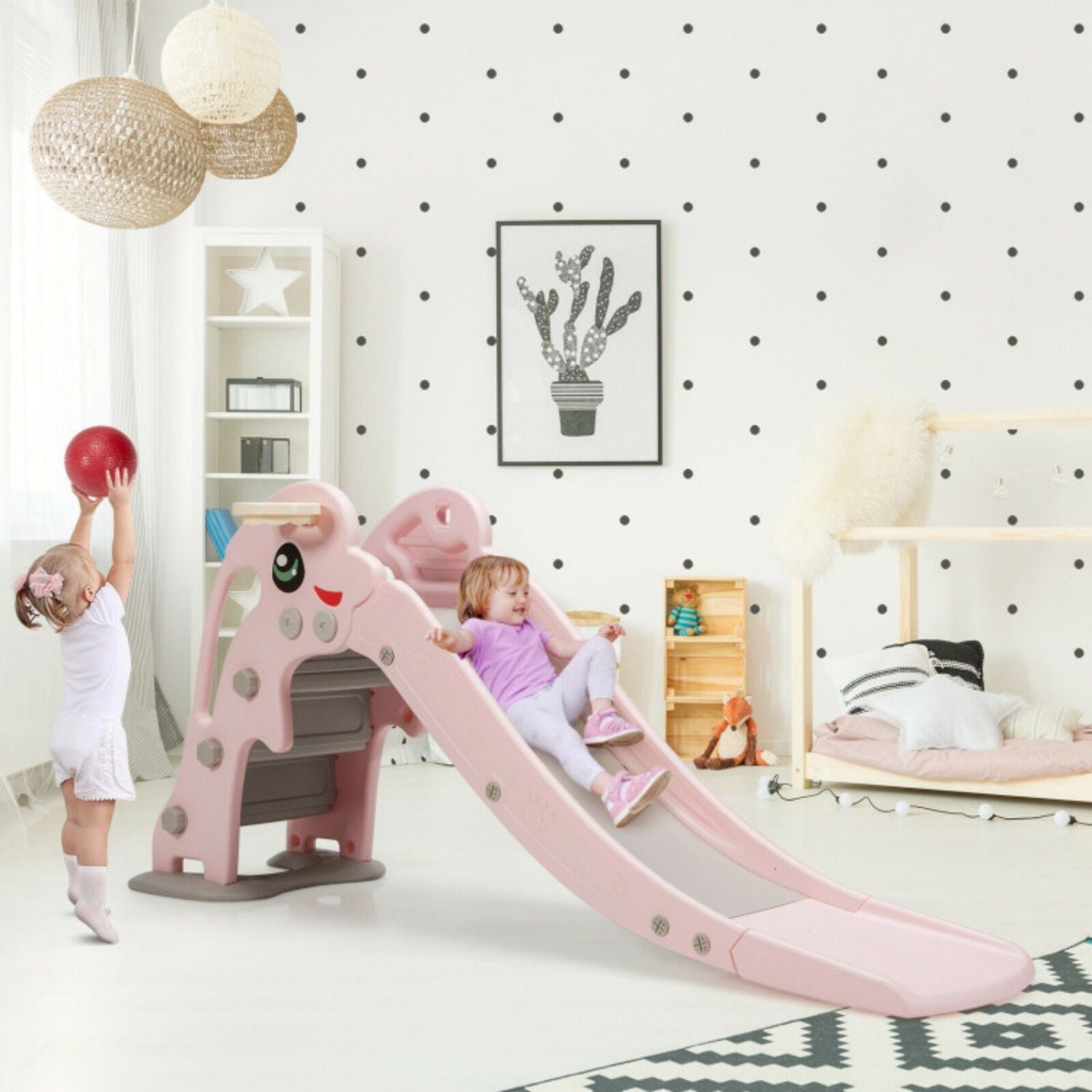 SUGIFT 3-in-1 Kids Climber Slide Play Set? with Basketball Hoop and Ball-Pink