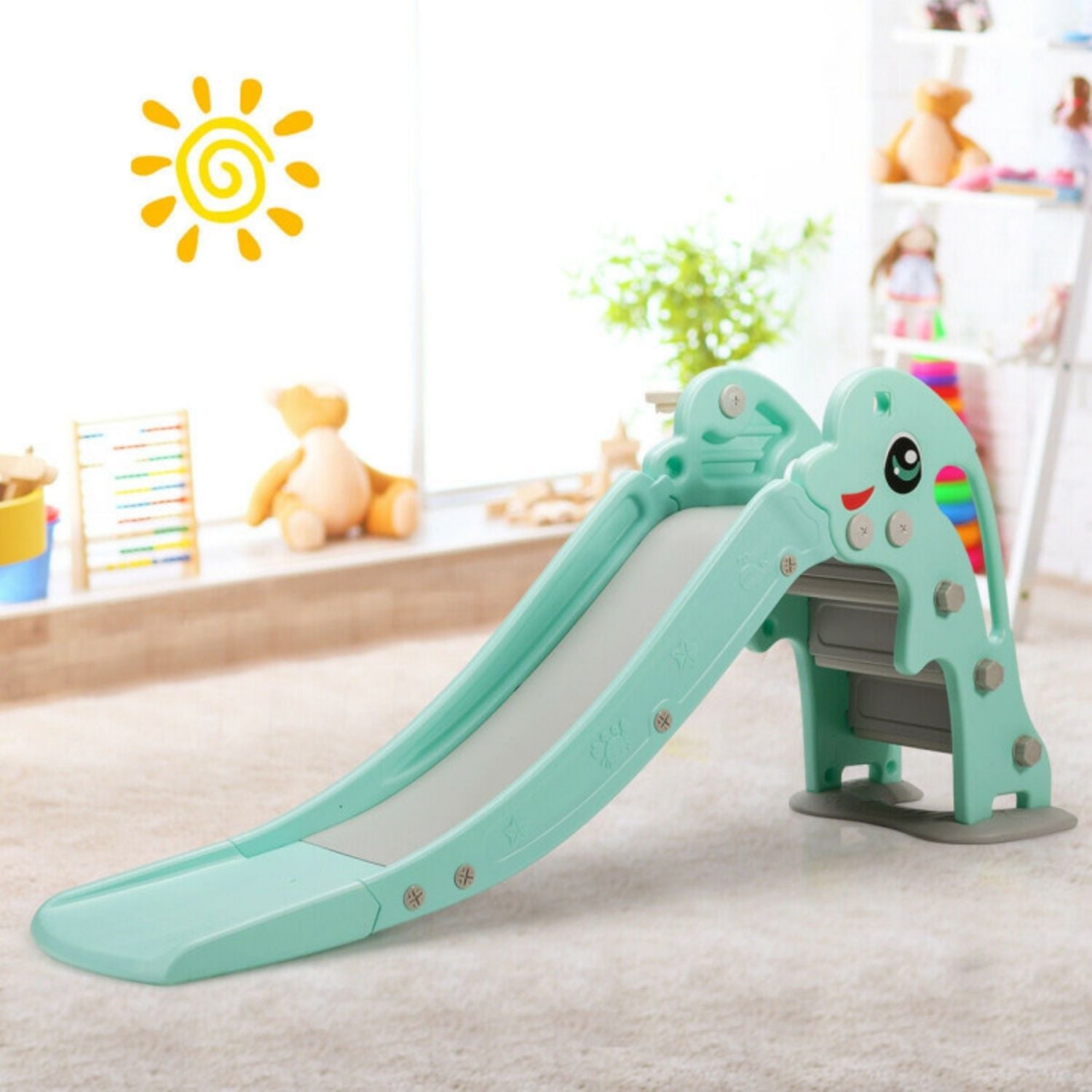 SUGIFT 3-in-1 Kids Climber Slide Play Set? with Basketball Hoop and Ball-Green