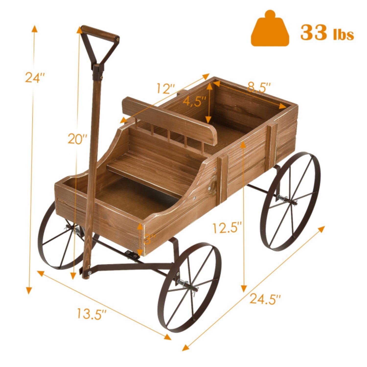 SUGIFT Wooden Wagon Plant Bed with Metal Wheels for Garden Yard, Brown