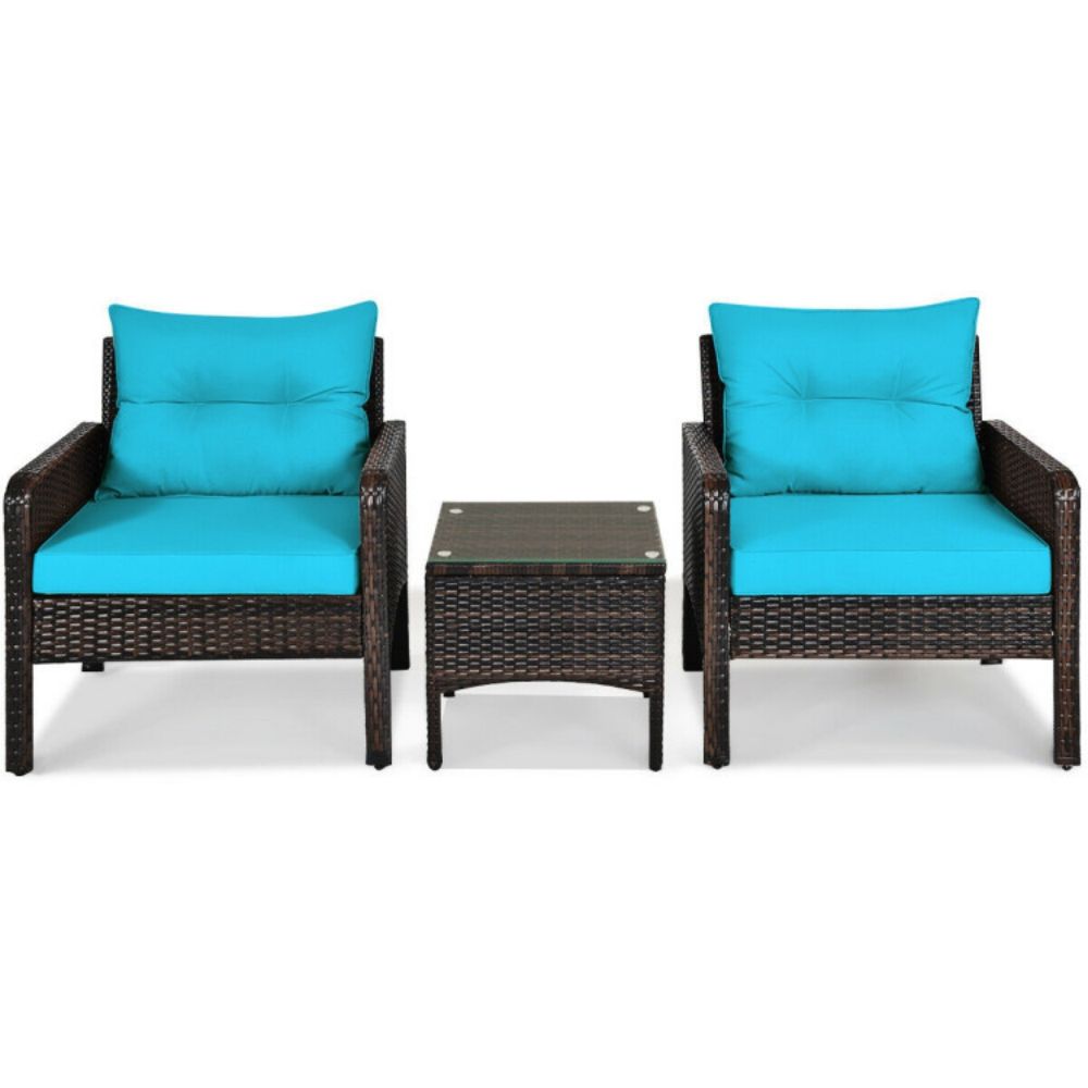 3-Pieces Outdoor Wicker Patio Conversation Furniture Set with Turquoise Cushion
