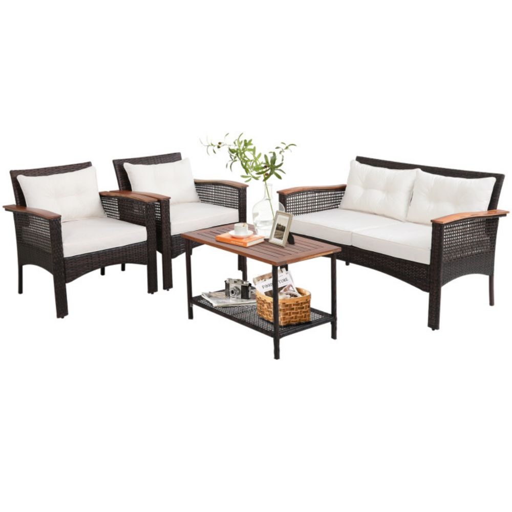 4-Pieces Patio Rattan Acacia Wood Patio Conversation Set with White Cushions