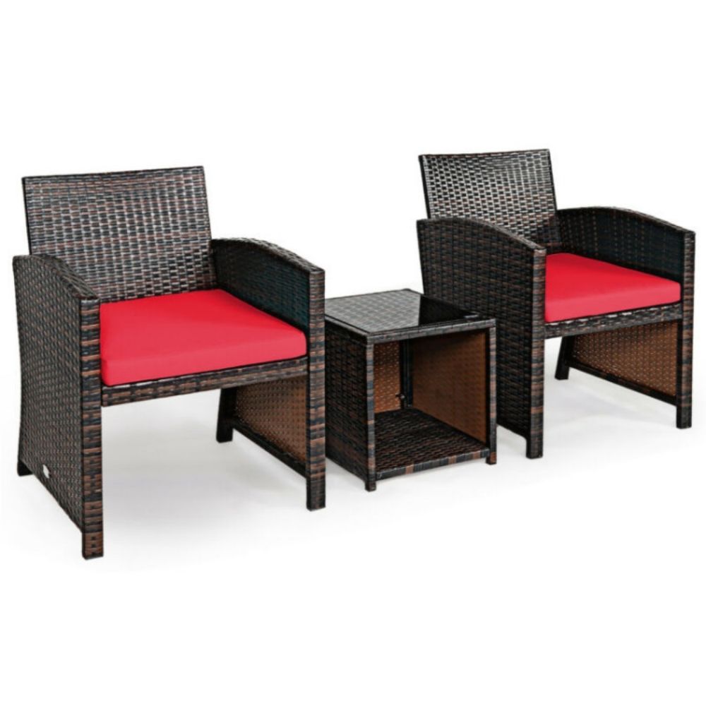 3-Piece Rattan Wicker Patio Conversation Set with Red Cushions