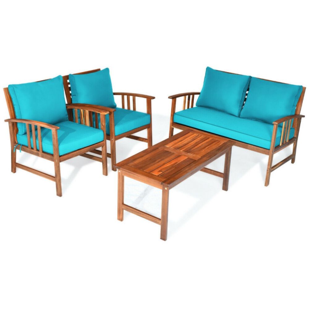 4-Piece Acacia Wood Outdoor Patio Conversation Set with Turquoise Cushions