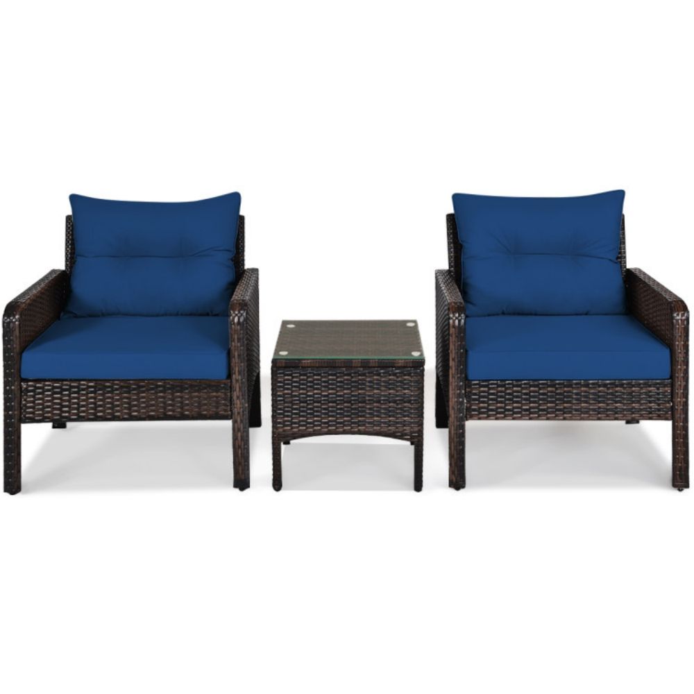3-Pieces Outdoor Wicker Patio Conversation Furniture Set with Navy Blue Cushion