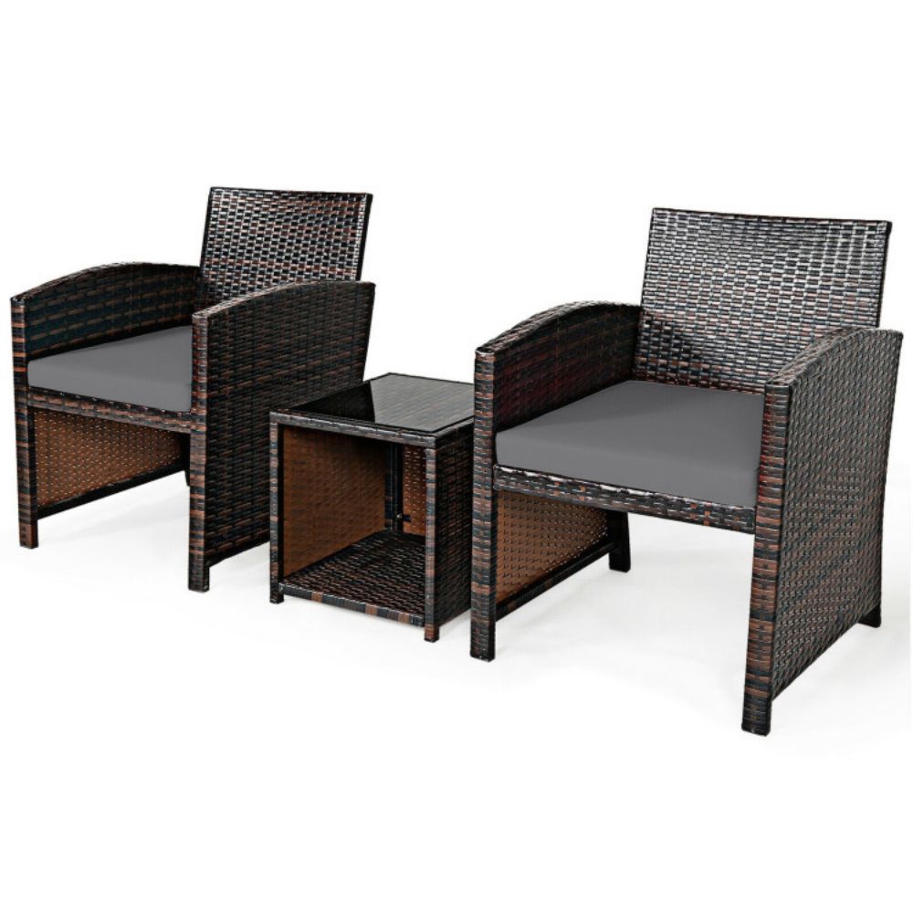 3-Piece Rattan Wicker Patio Conversation Set with Gray Cushions