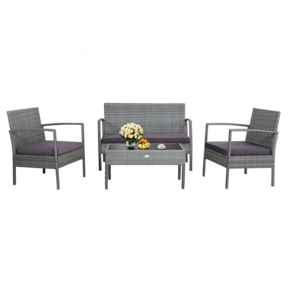 4-Pieces Rattan Outdoor Conversation Set with Purple Cushion