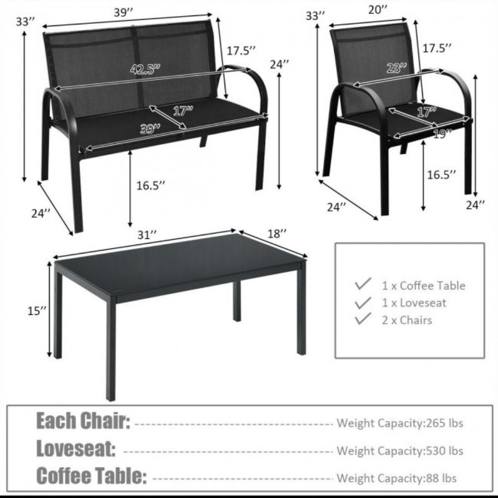 Black 4-Piece Metal Furniture Patio Conversation Set with Glass Top Coffee Table