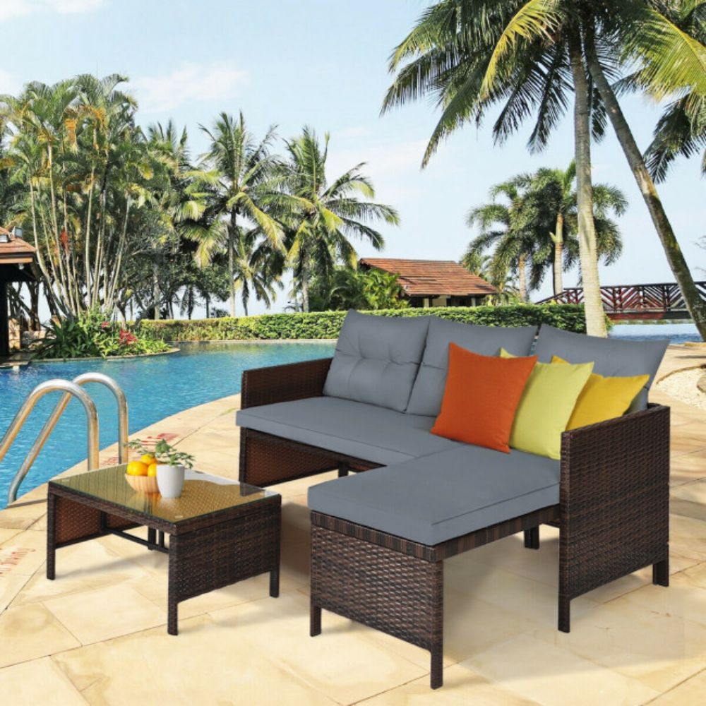 3-Piece Wicker Outdoor Corner Sectional Sofa Set with Gray Cushions and Coffee Table