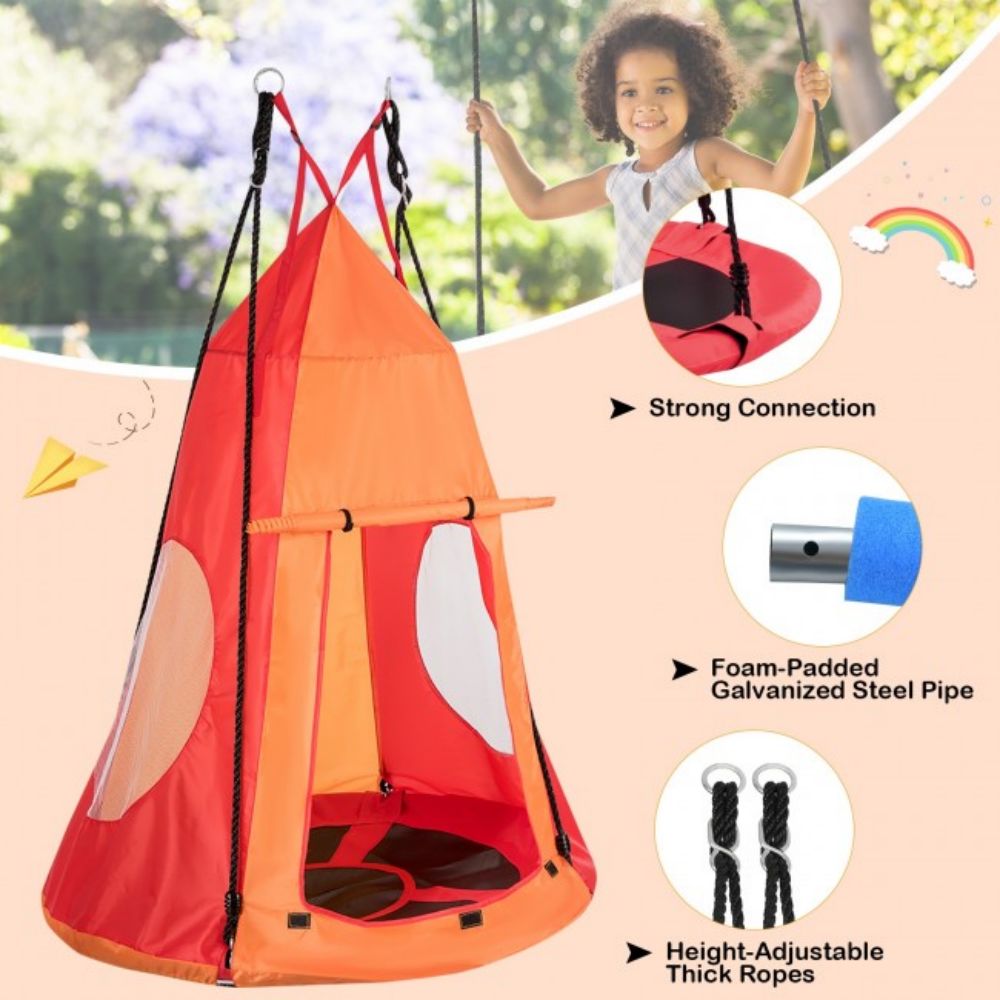 Outdoor 2-in-1 Kids Orange Hanging Chair Detachable Sling Patio Swing Tent