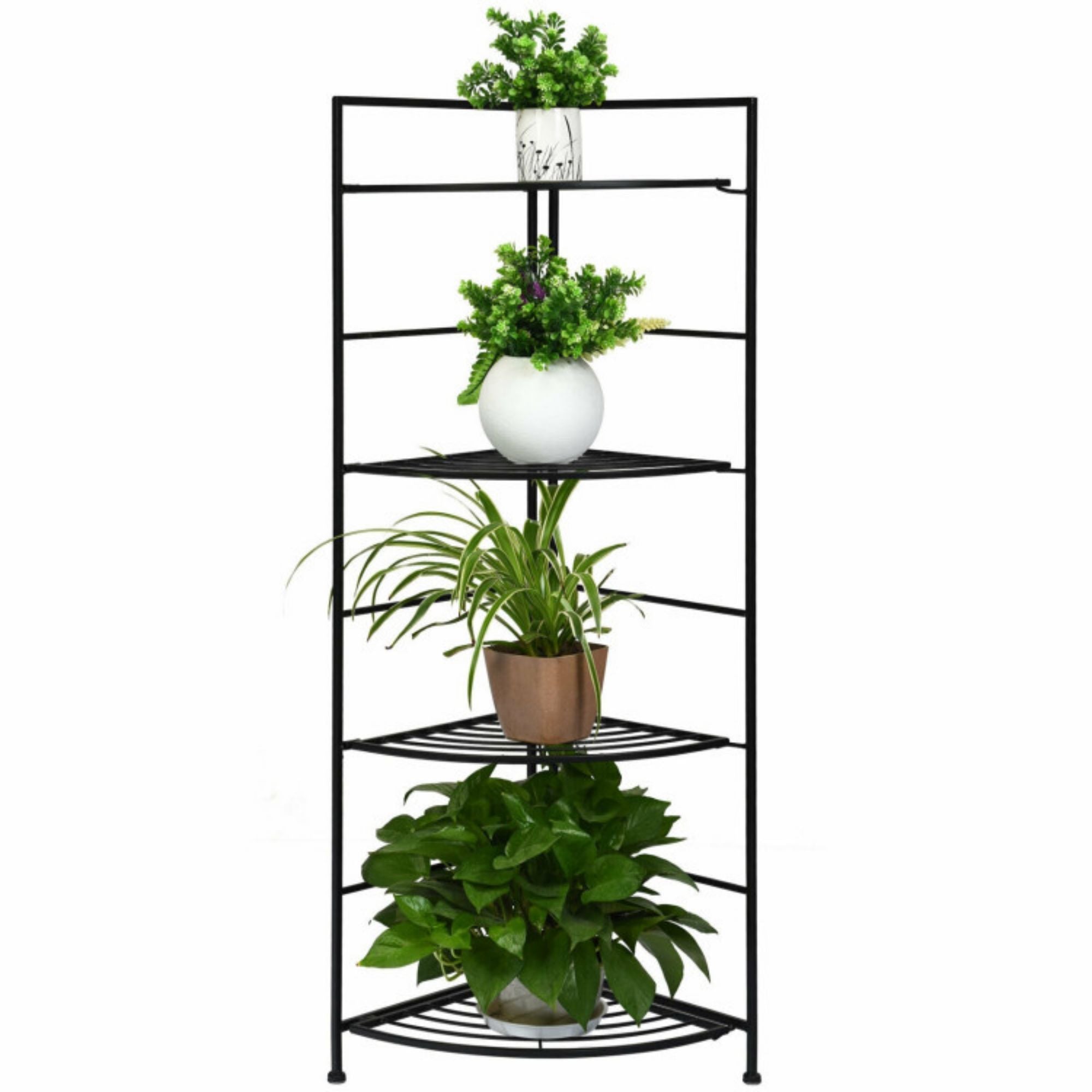 Indoor/Outdoor Folding Black Metal Shelf Plant Stand Storage Open Shelf Corner Display Rack (4-Tier)