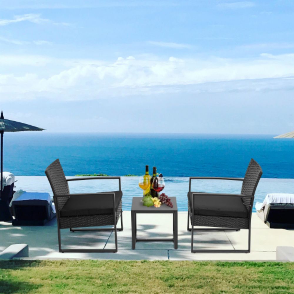 3-Piece Rattan Wicker Outdoor Patio Conversation Set with Black Cushion