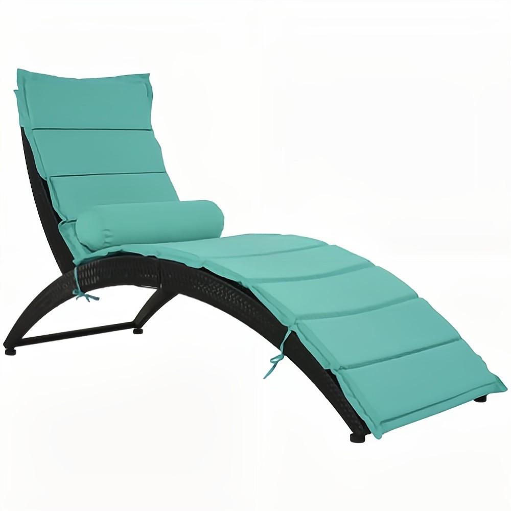 Black Wicker Outdoor Patio Sun Foldable Chaise Lounger with Turquoise Removable Cushion and Pillow