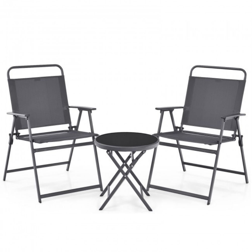 Gray 3-Pieces Metal Patio Outdoor Set with Folding Table and Chairs