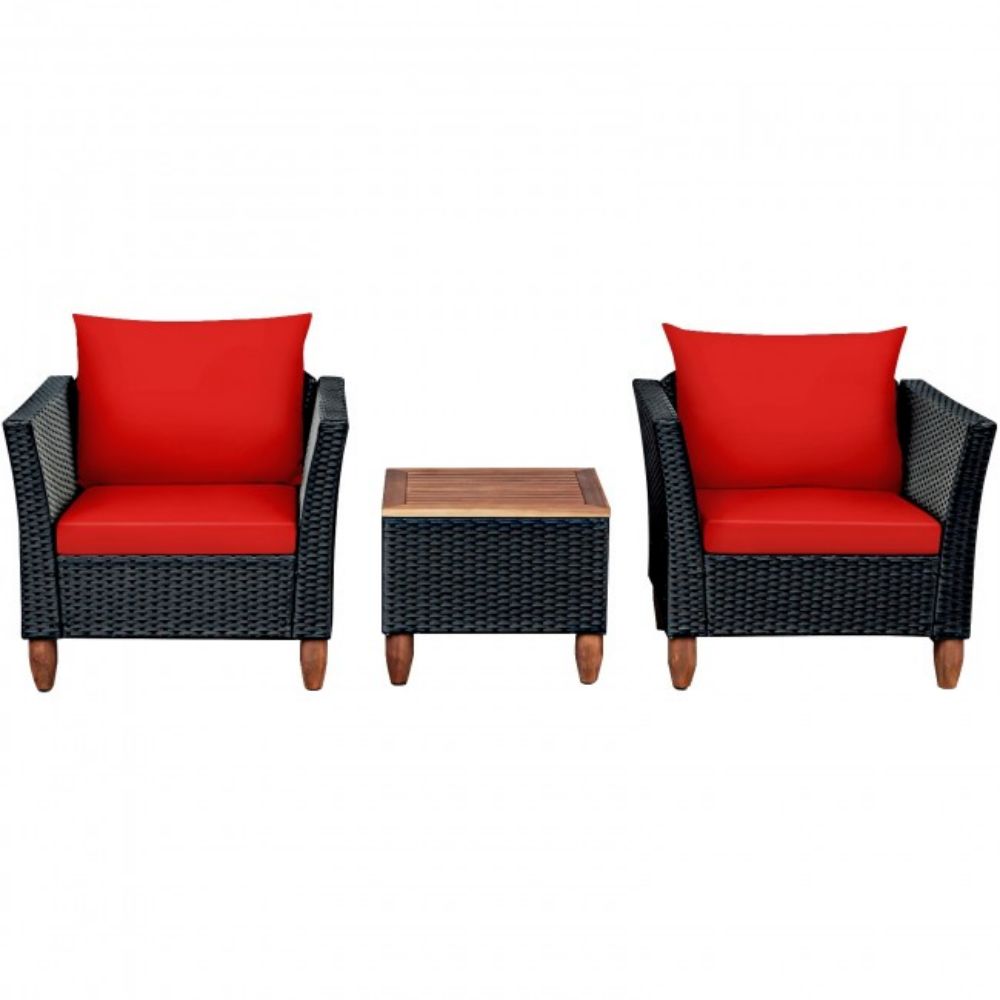 3-Pieces Outdoor Patio Rattan Conversation Set with Red Cushions
