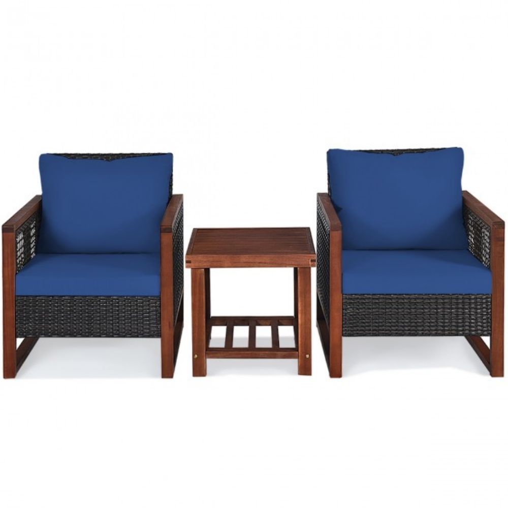 3-Pieces Outdoor Wicker Wooden Frame Patio Conversation Furniture Set with Navy Cushion