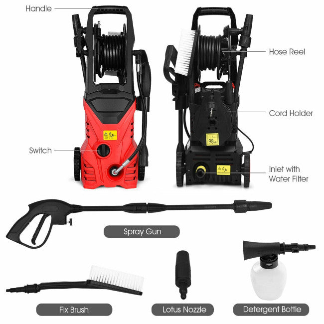 SUGIFT Electric Portable High Pressure Washer with Hose Reel,2030PSI Washer Cleans Cars/Fences/Patios,Red
