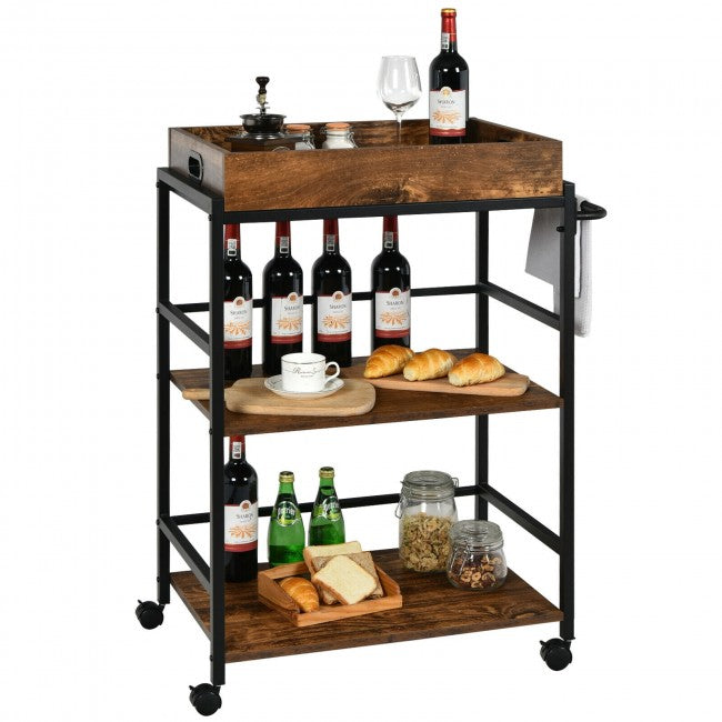 SUGIFT 3-Tier Kitchen Serving Bar Cart with Lockable Casters and Handle Rack for Home Pub