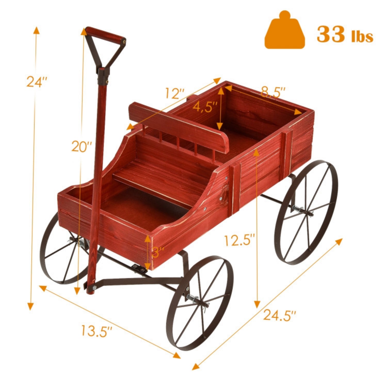 SUGIFT Wooden Wagon Plant Bed with Metal Wheels for Garden Yard, Red