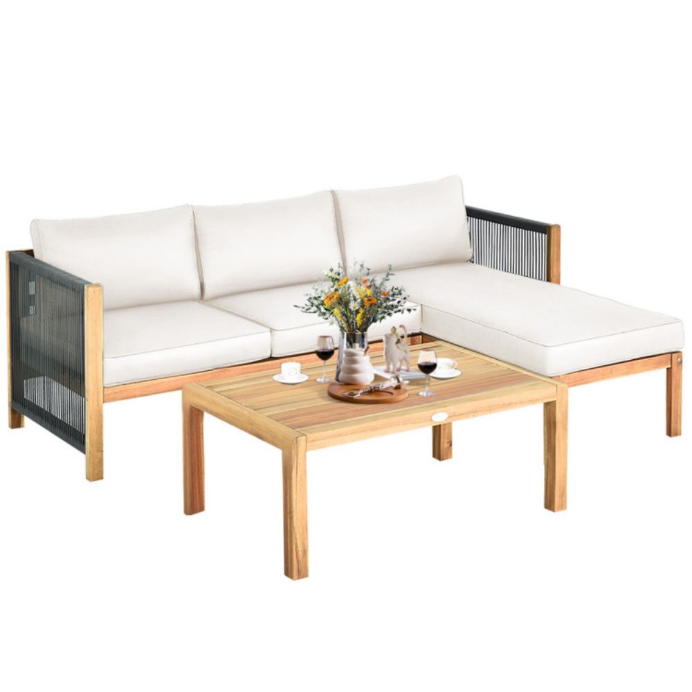 3-Piece Acacia Wood Patio Conversation Set Sofa with White Cushions