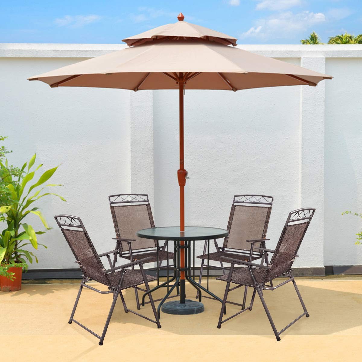 Brown Folding Metal Outdoor Dining Chairs with Steel Armrest (4-Pack)