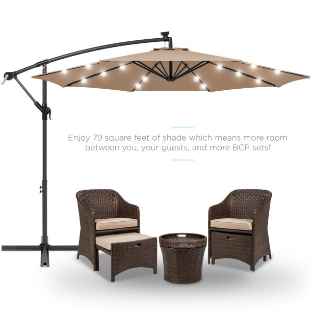 SUGIFT 10ft Solar LED Offset Hanging Outdoor Market Patio Umbrella w/ Easy Tilt Adjustment - Tan