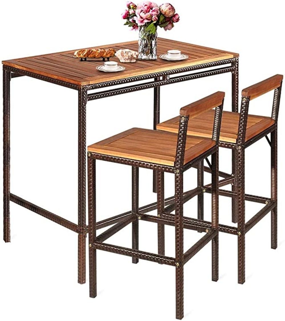 3-Piece Patio Rattan Wicker Outdoor Bar Dining Furniture Set