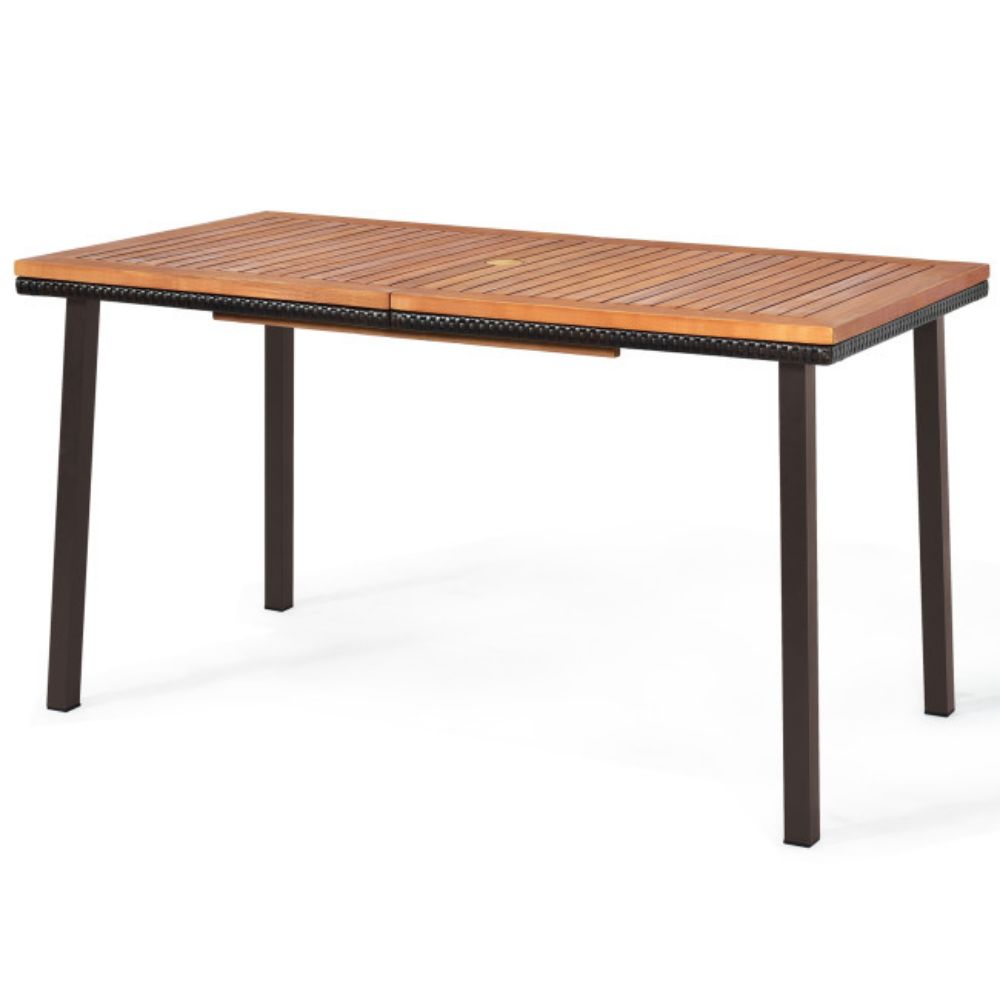 55 in. Patio Wood Rattan Outdoor Dining Table with Acacia Wood Tabletop and Umbrella Hole