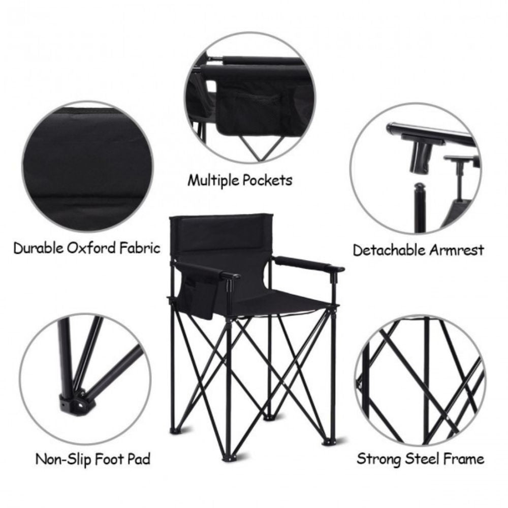 38 in. Oversized High Camping Portable Fishing Black Metal Folding Beach Chair