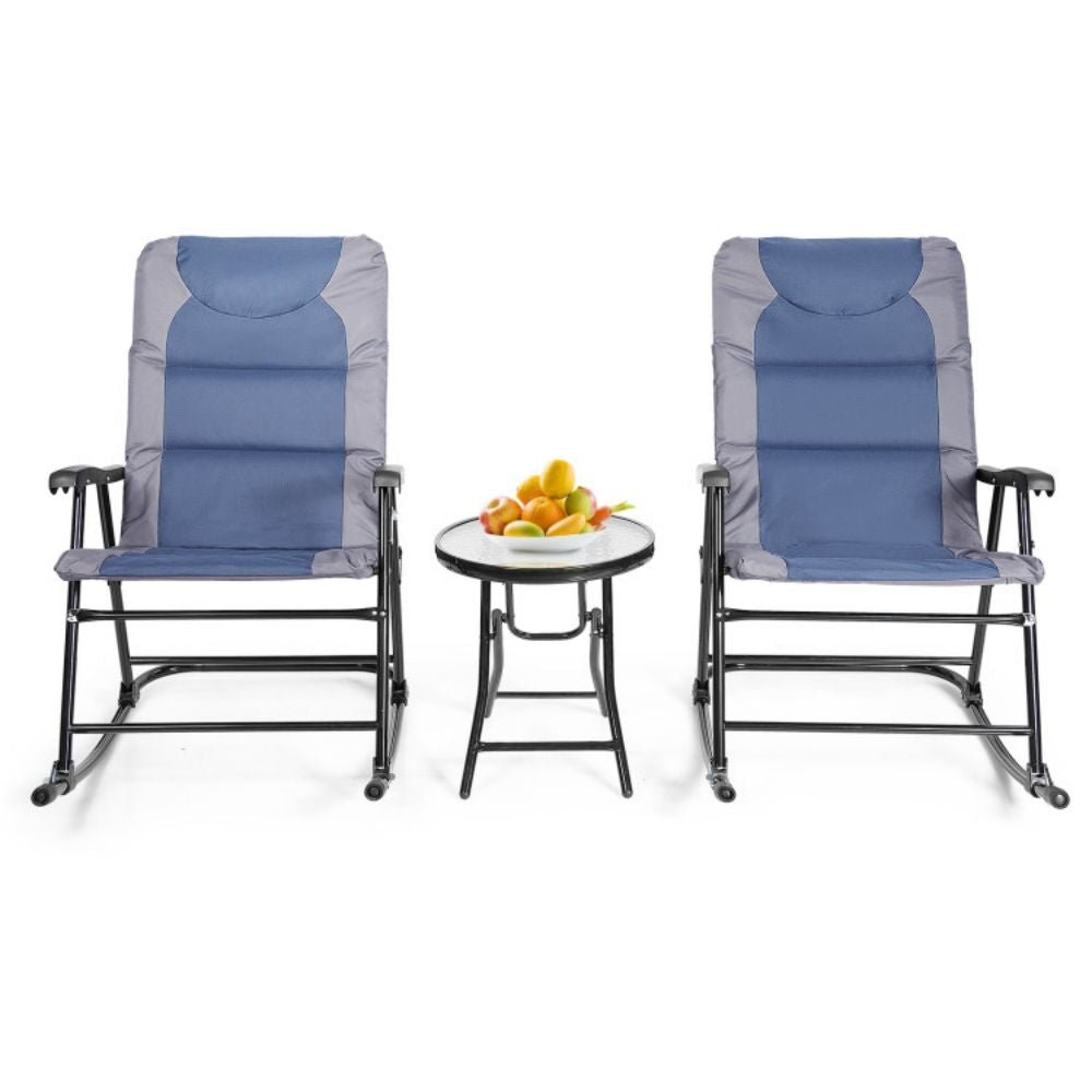3-Piece Outdoor Folding Rocking Chair Conversation Set with Blue and Grey Cushion