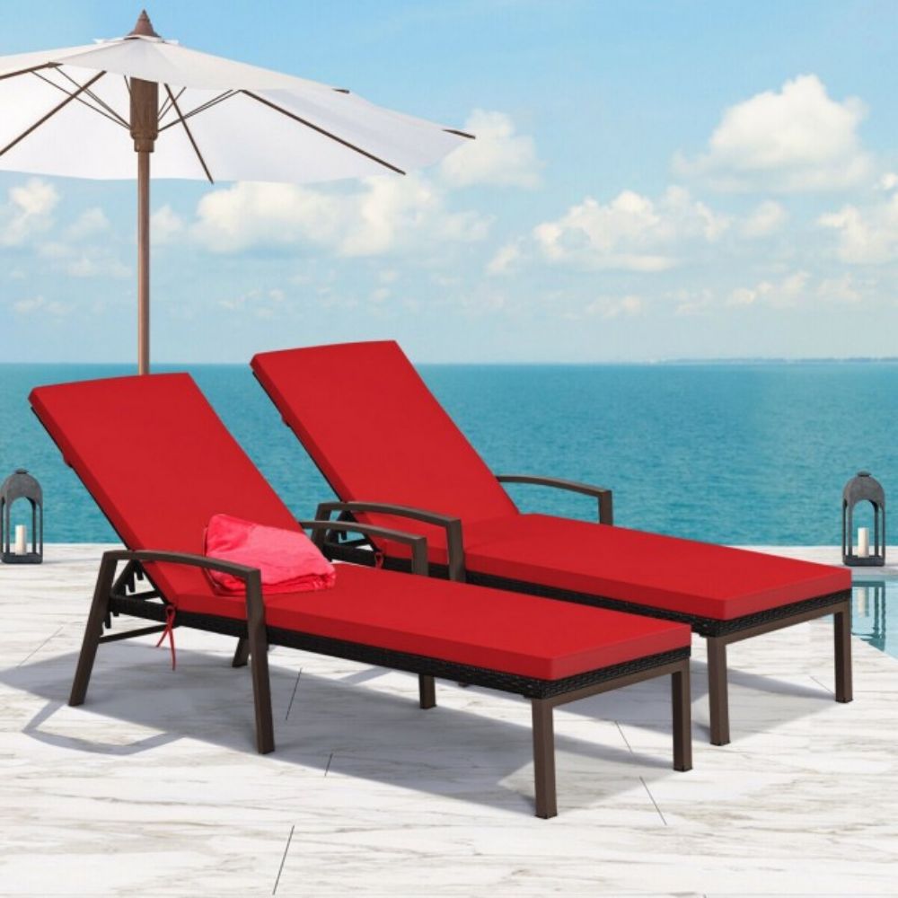 Brown Adjustable Metal Outdoor Lounge Chair in Red Cushion (Set of 2-Packs)