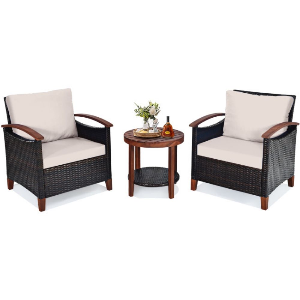 3-Pieces Wicker Outdoor Wooden Frame Patio Conversation Furniture Set with Beige Cushion