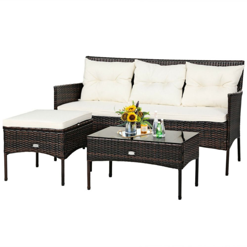 3-Piece Wicker Outdoor Sectional Conversation Set with 5 White Seat and Back Cushions