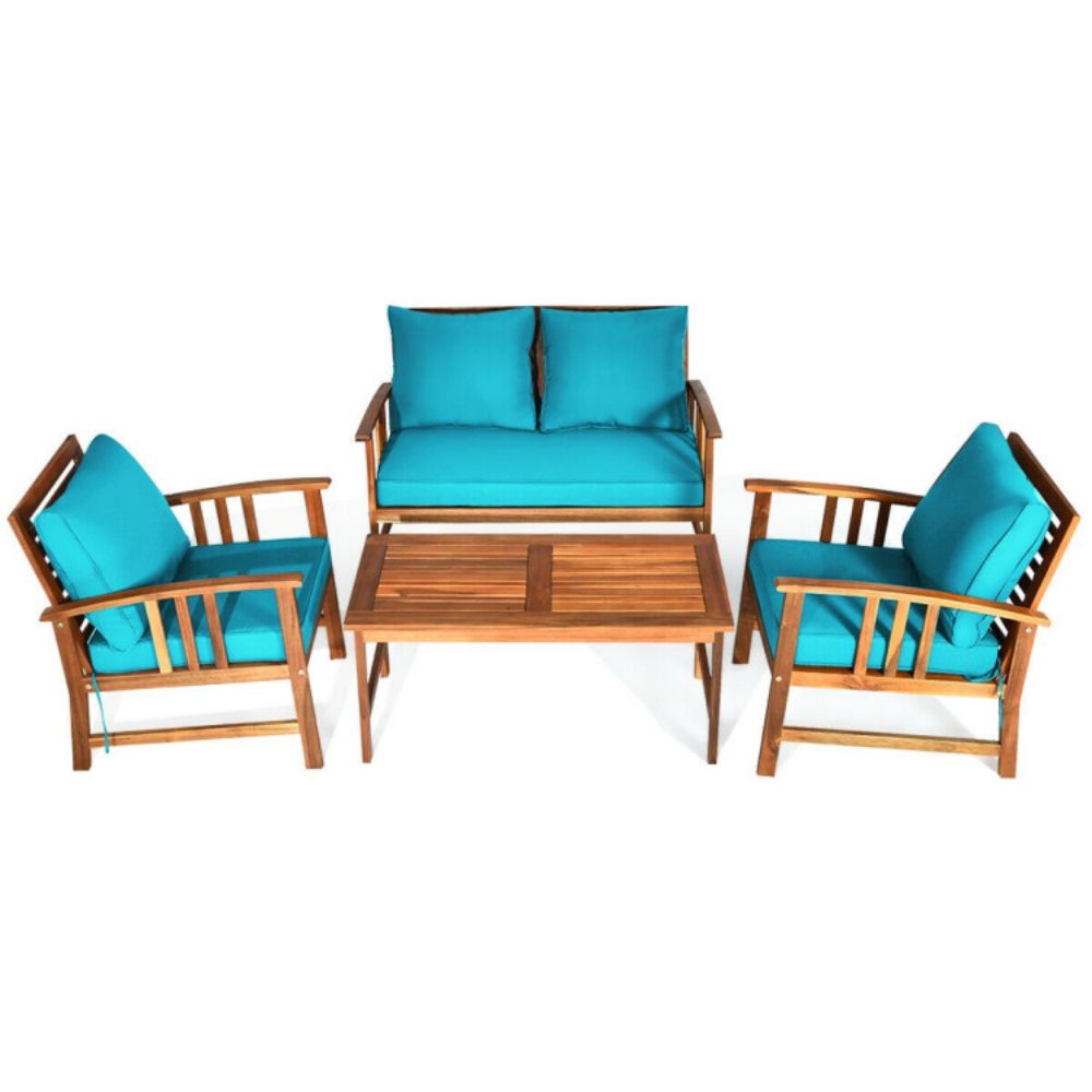 4-Piece Acacia Wood Outdoor Patio Conversation Set with Turquoise Cushions