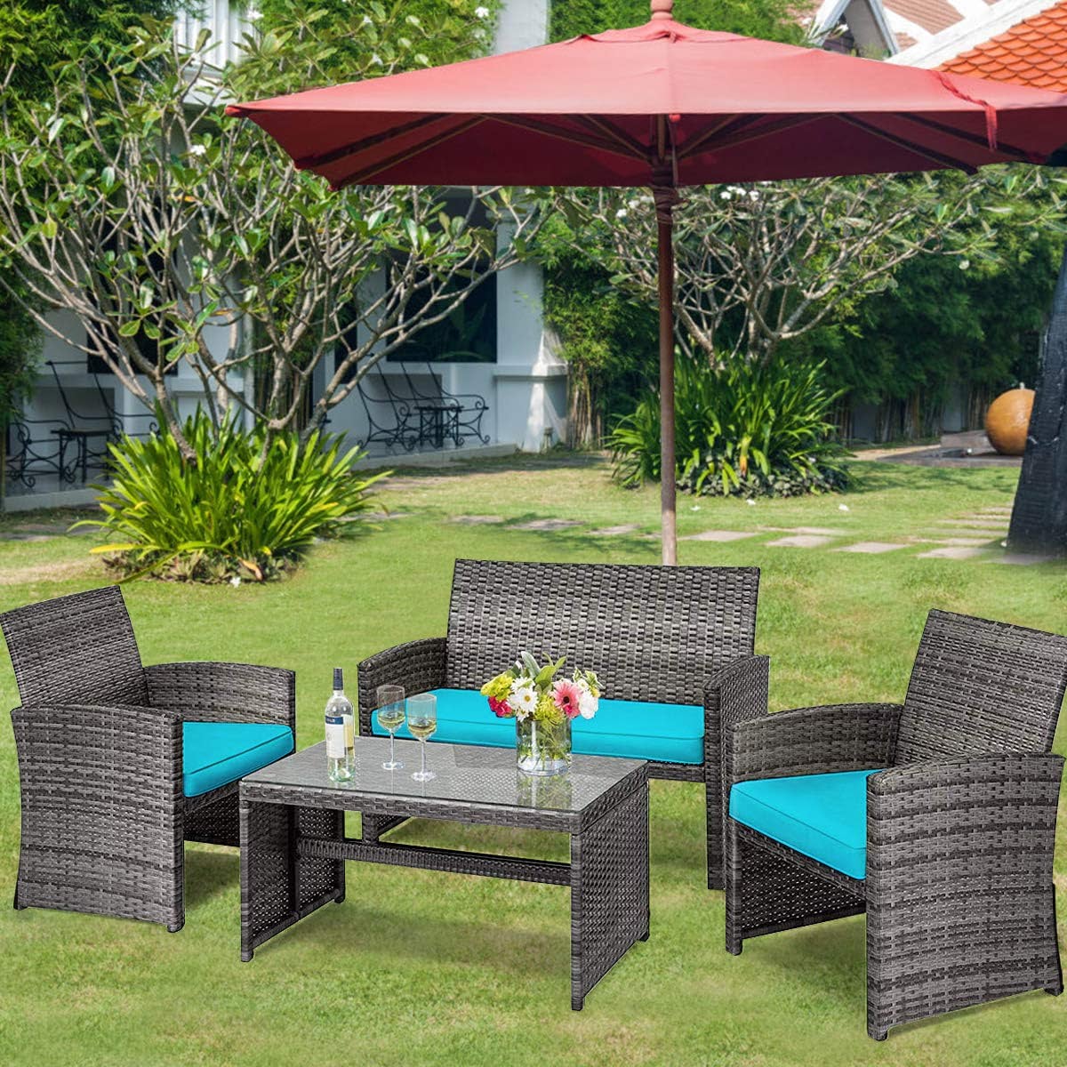 4-Piece Outdoor Wicker Conversation Furniture Set with Turquoise Cushions and Tempered Glass Table