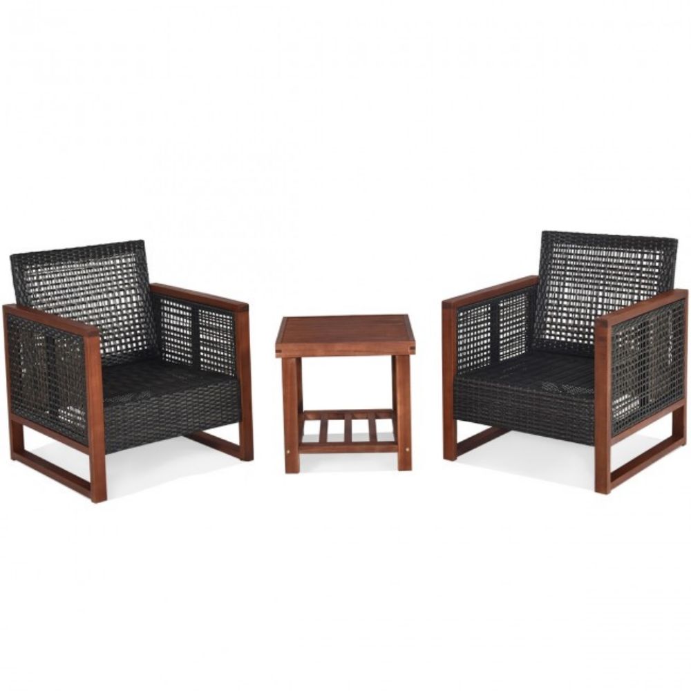 3-Pieces Outdoor Wicker Wooden Frame Patio Conversation Furniture Set with Navy Cushion