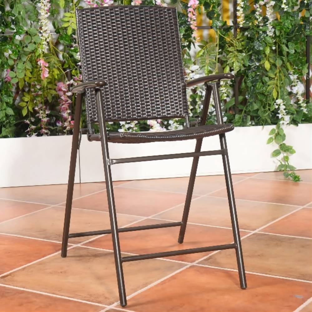 Folding Rattan Wicker Outdoor Bar Stool Chair with Footrests and Armrests for Outdoors and Indoors (4-Pack)