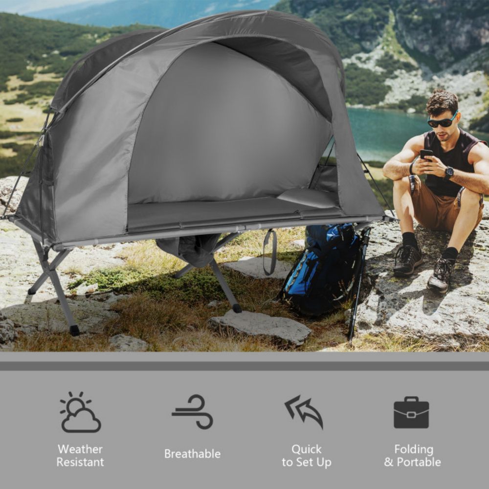 1-Person Gray Outdoor Folding Camping Tent Cot Elevated Compact Tent with External Cover