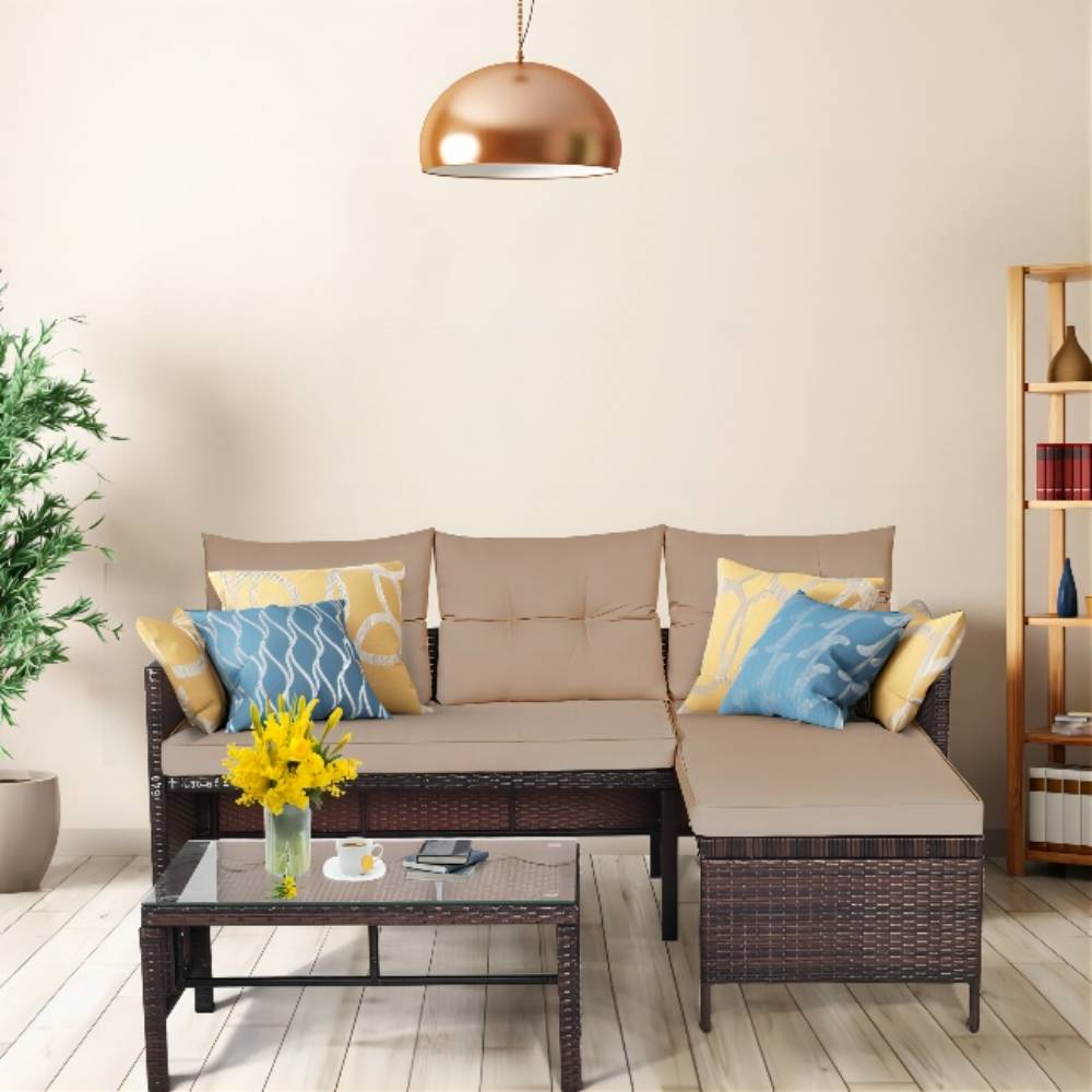 3-Piece Wicker Outdoor Corner Sectional Sofa Set with Beige Cushions and Coffee Table