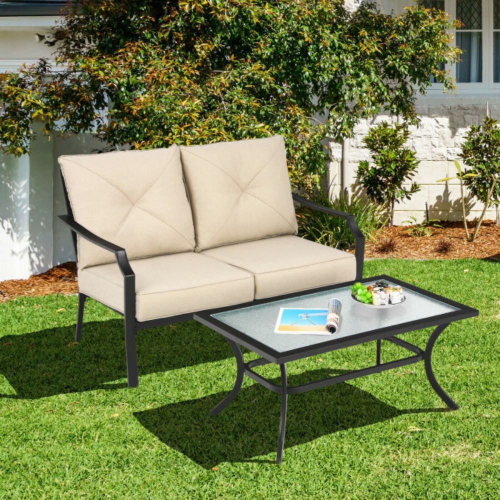 2-Pieces Metal Patio Outdoor Loveseat Set Cushioned Sofa Bench with Coffee Table and Beige Cushions
