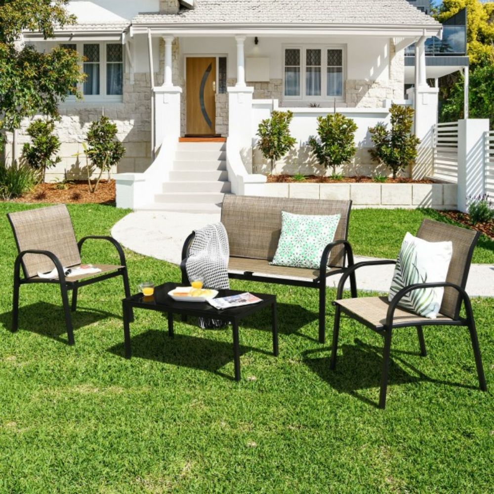 Brown 4-Piece Metal Furniture Patio Conversation Set with Glass Top Coffee Table