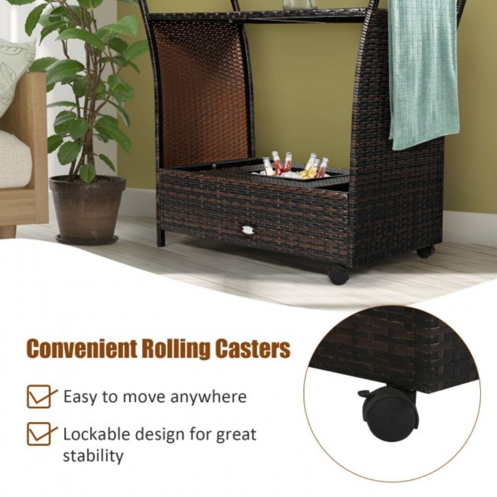 Outdoor Patio Wicker Rattan Bar Serving Cart with Glass Top and Handle