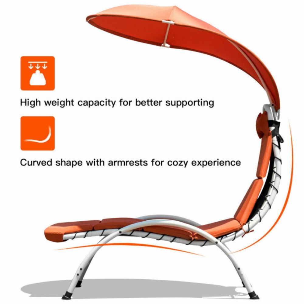 Metal Outdoor Canopy Chaise Lounge Chair with Orange Canopy and Cushion