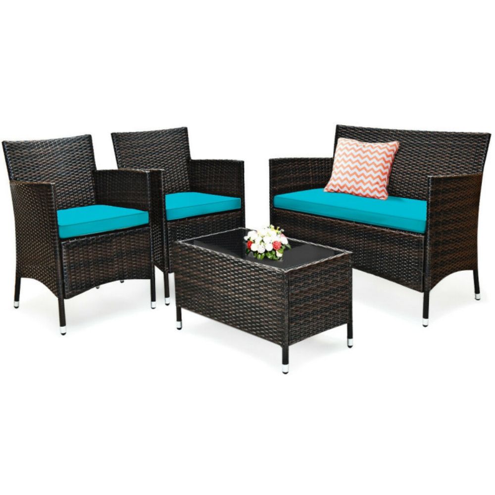 4-Piece Outdoor Wicker Conversation Furniture Set with Turquoise Cushions and Tempered Glass Table