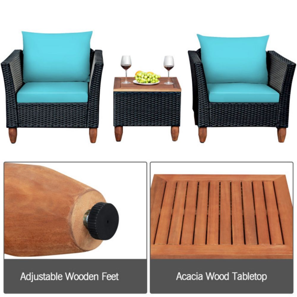 3-Pieces Rattan Outdoor Patio Conversation Set with Turquoise Cushions