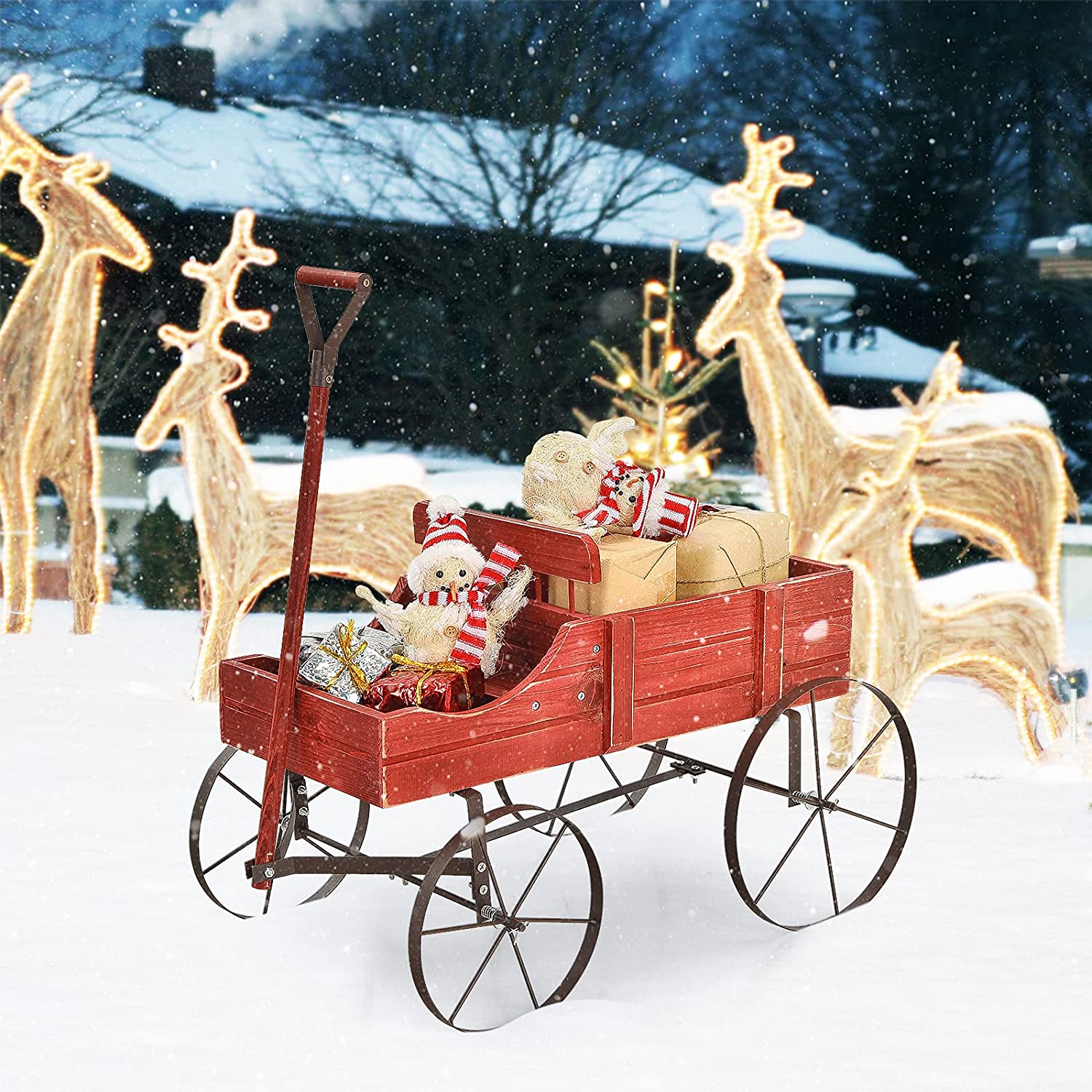 Wooden Wagon Plant Bed in Red with Metal Wheels
