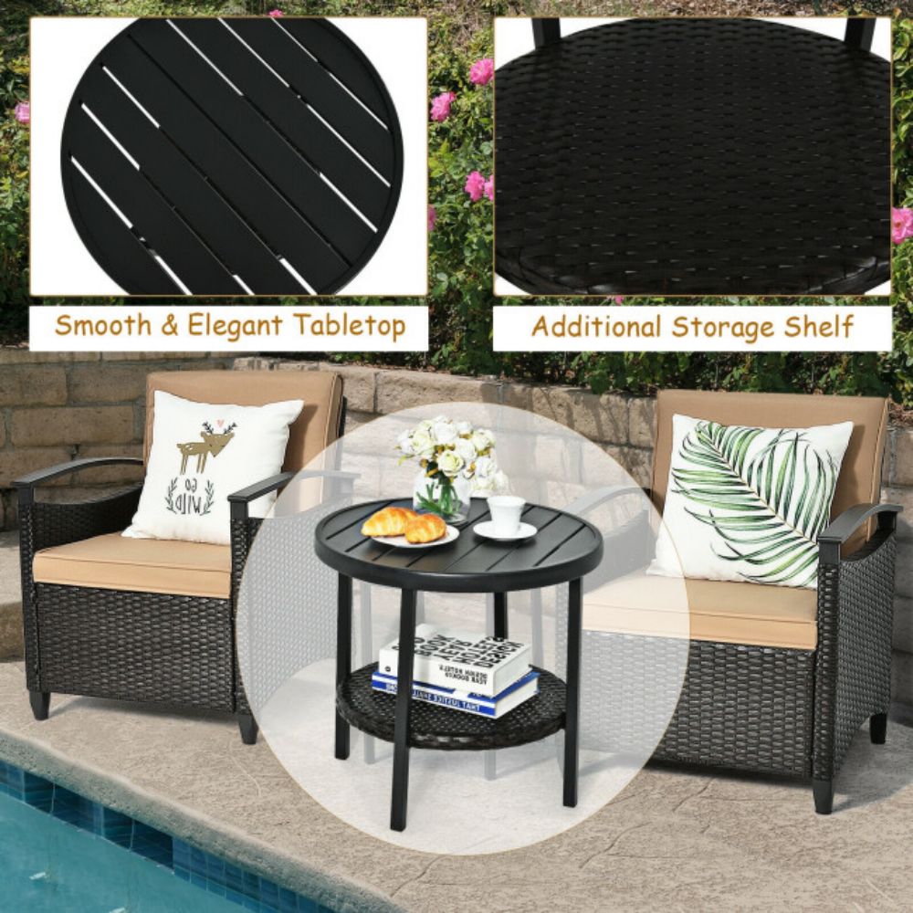 3-Pieces Outdoor Rattan steel Frame Patio Conversation Furniture Set with Brown Cushion