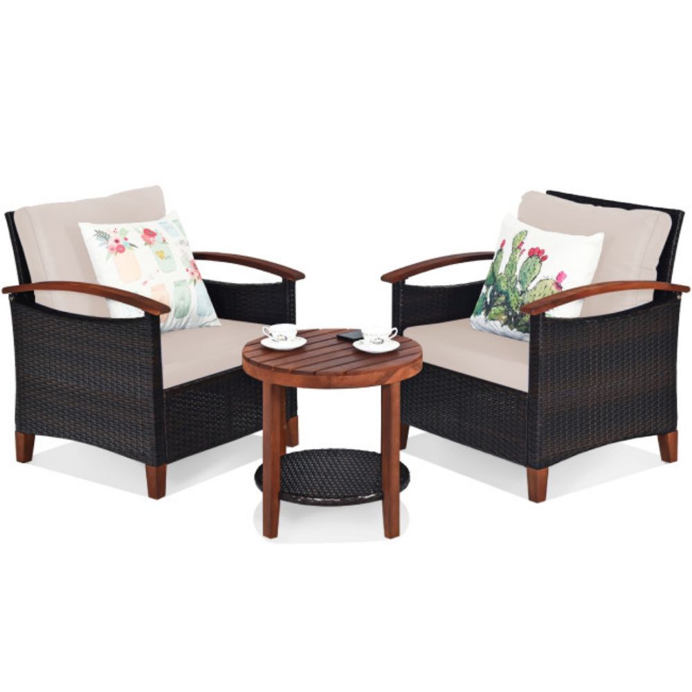 3-Pieces Wicker Outdoor Wooden Frame Patio Conversation Furniture Set with Beige Cushion