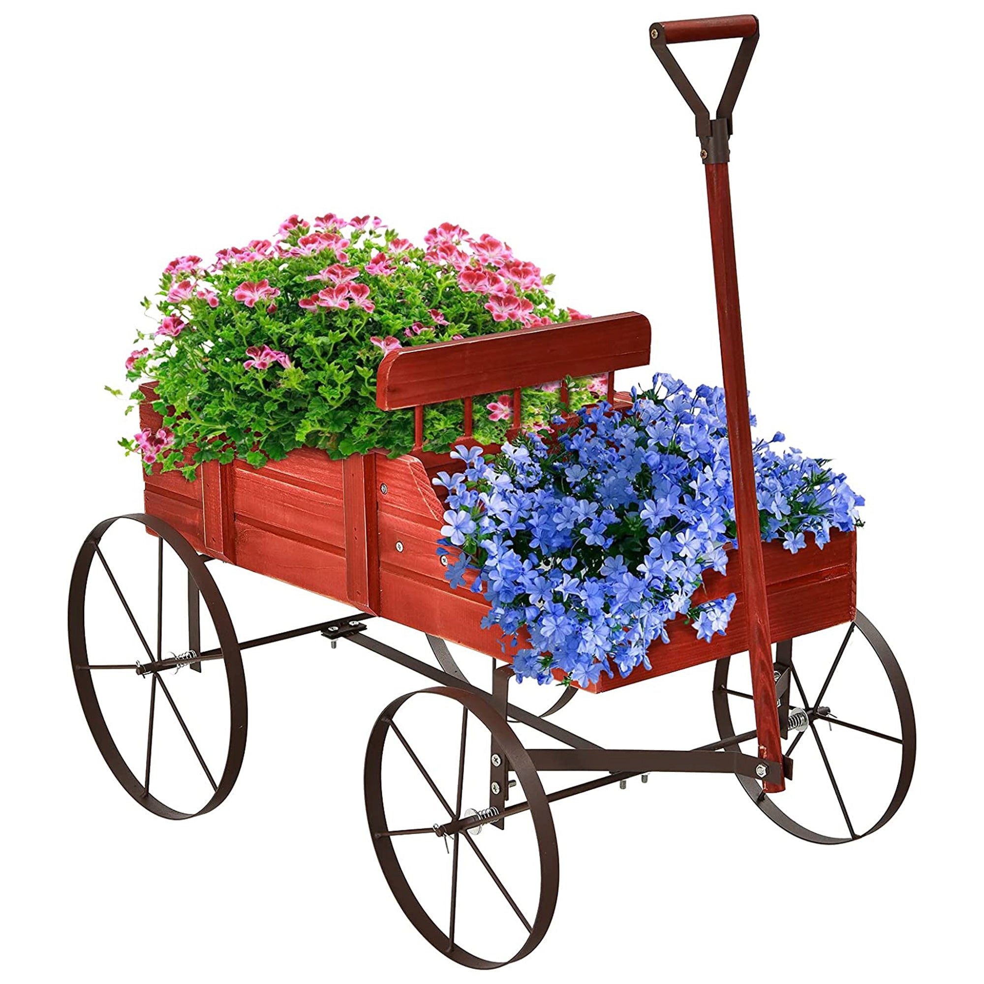Wooden Wagon Plant Bed in Red with Metal Wheels